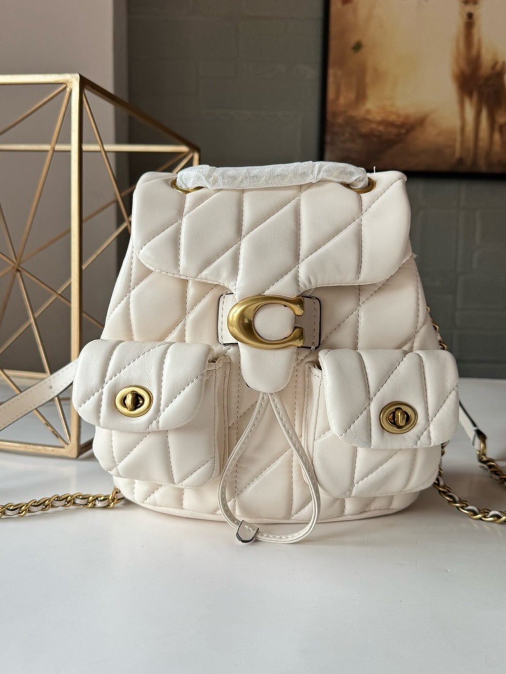 Coach Cream Quilted Crossbody Backpack with Gold Hardware